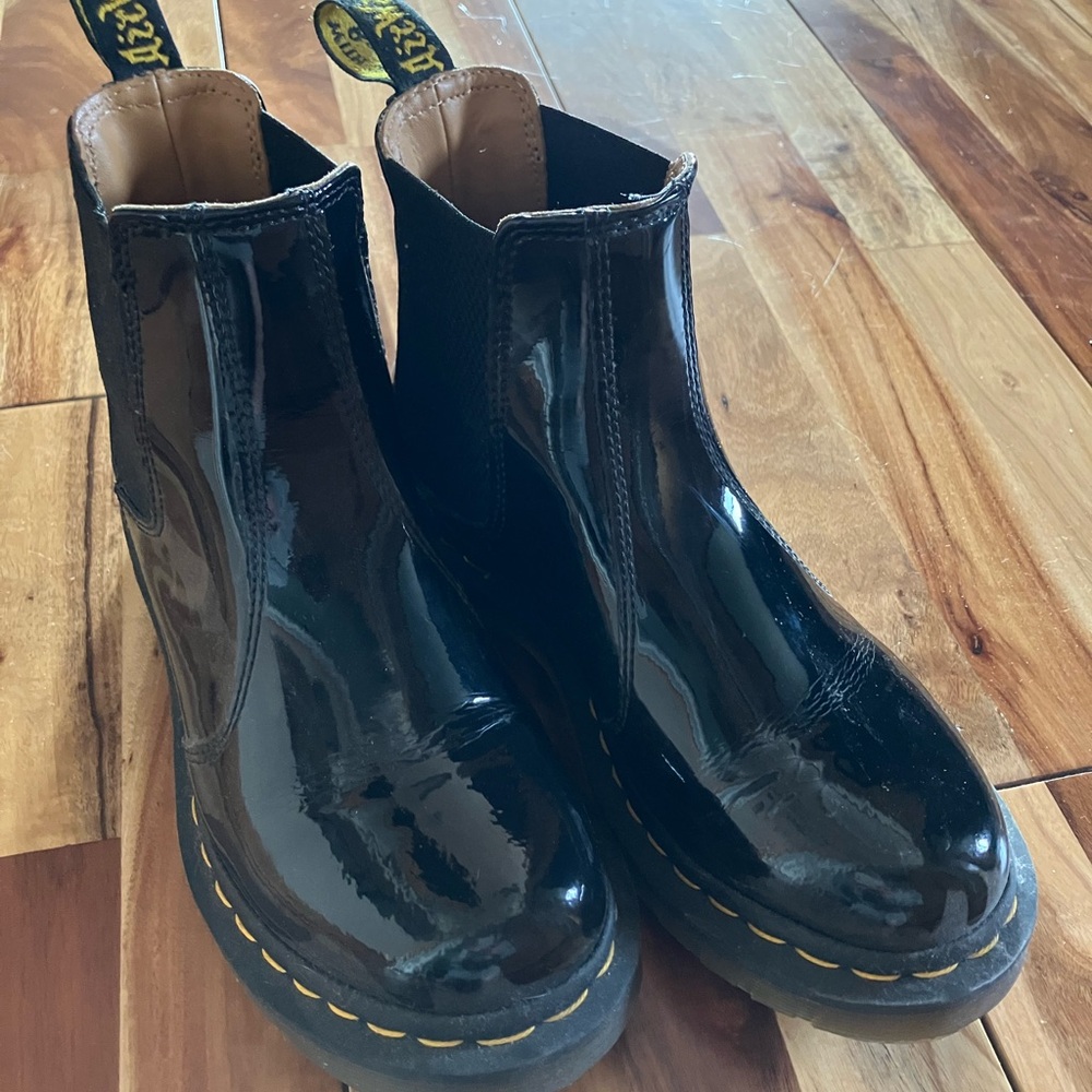 Dr. Martens Kids Black Patent Chelsea Boots with Yellow Stitching